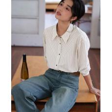 批发法式复古蓝色条纹<b class='q'>衬衫</b><b class='q'>女</b>秋季长袖上衣
