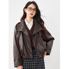 批发佐兰妮皮衣外套女2026秋季新款翻领休闲宽松短款时髦洋气pu皮夹克
