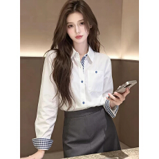 批发白色polo领<b class='q'>长袖</b><b class='q'>衬衫</b>女士夏季设计感法式拼接格子高知小资<b class='q'>衬衣</b>上衣