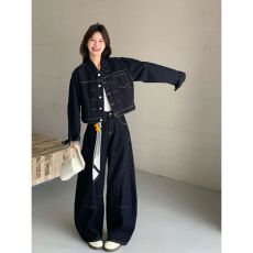 批发深蓝色复古冷淡系牛仔套<b class='q'>装</b>女2026秋新款气质翻领外套阔腿<b class='q'>裤</b><b class='q'>两件套</b>