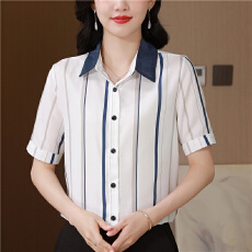 批发真丝衬衫女<b class='q'>夏季</b>翻领桑蚕丝上衣时尚条纹宽松显瘦中年妈妈短袖衬衣
