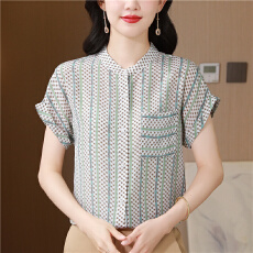 批发杭州双绉真丝上衣女短袖2025夏季新款气质桑蚕丝<b class='q'>大码</b>薄款衬衫T恤