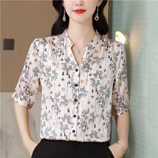 批发杭州重磅真丝<b class='q'>衬衫</b>女士五分短袖夏新款小衫<b class='q'>碎花</b>大簰桑蚕丝上衣上衣