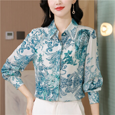 批发桑蚕丝衬衫女洋气宽松显瘦长袖<b class='q'>真丝</b>上衣2025秋季新款复古印花衬衣