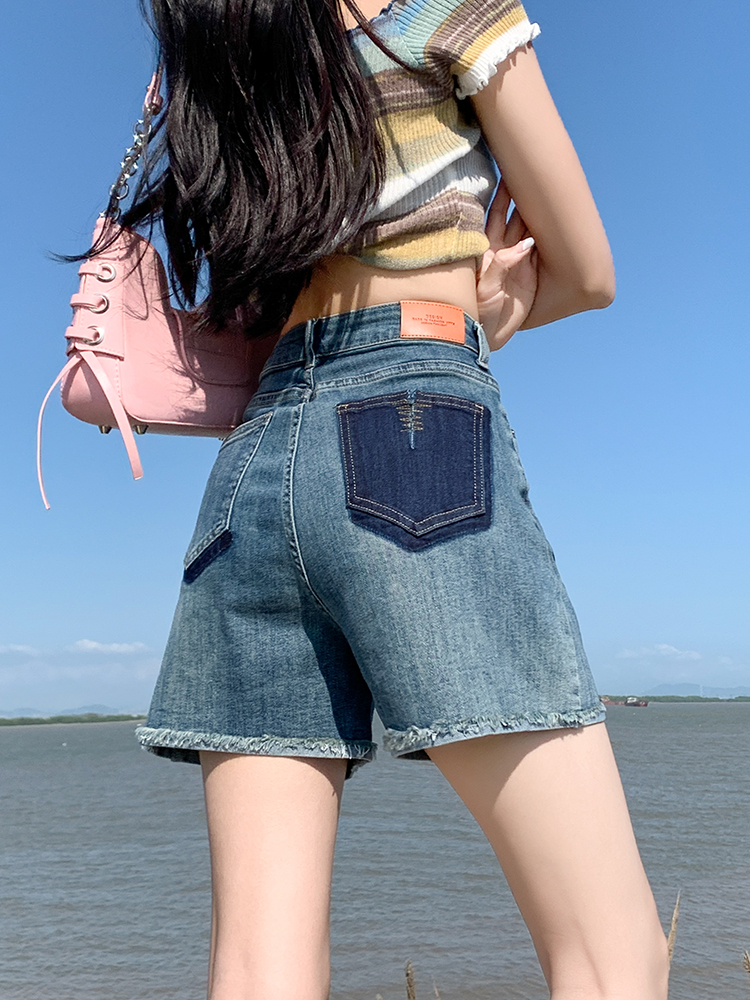 MY10885# 港风复古牛仔短裤女夏薄款高腰a字宽松撞色直筒小个子短热裤...