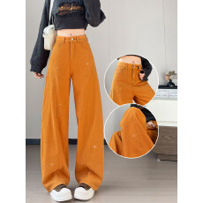 实拍南瓜橙烫钻弯刀牛仔裤女春季2026年新款辣妹高腰宽松阔腿裤子