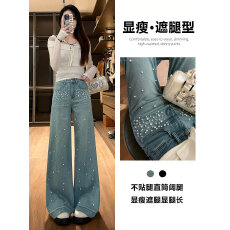 批发实拍重工<b class='q'>钉珠</b>阔腿<b class='q'>牛仔裤</b>女春秋季2026新款宽松流行百搭高级直筒裤