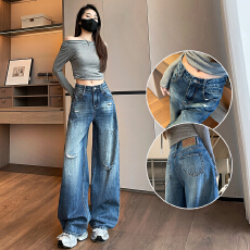 批发实拍复古破洞阔腿牛仔裤女2026春秋新款宽松显瘦时尚<b class='q'>潮</b>流拖地裤