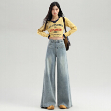 批发实拍高腰宽松阔腿牛仔裤<b class='q'>女</b>2026春季新款小个子不贴腿大喇叭拖地裤