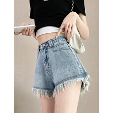 批发实拍辣妹牛仔短裤女夏季薄款浅蓝色高腰显瘦设计感毛边阔腿热裤子