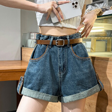 批发实拍撞色辣妹<b class='q'>牛仔</b><b class='q'>短裤</b>女夏季2026新款<b class='q'>高腰</b>显瘦阔腿A字卷边热裤子