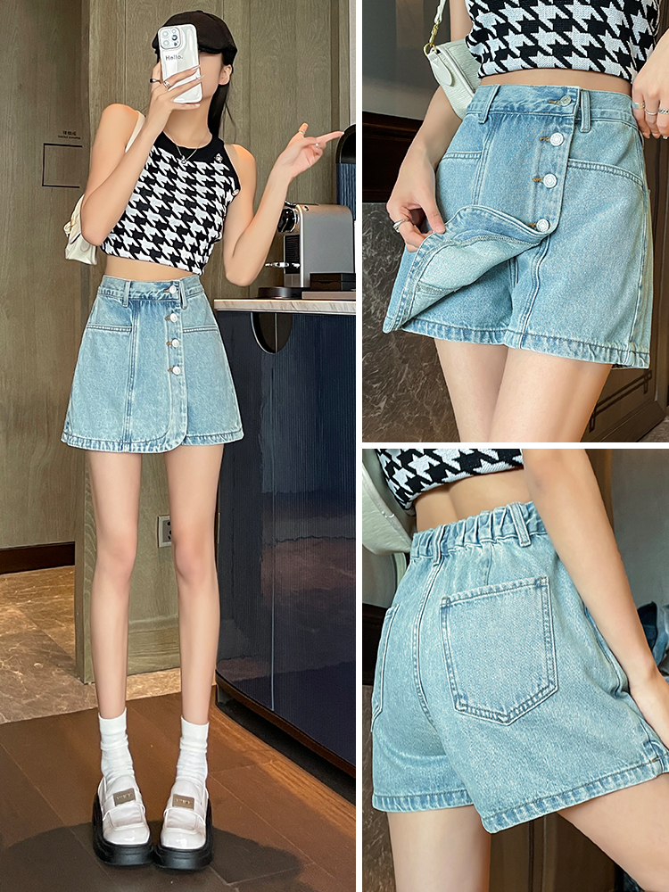 실사 밝은색 데님 치마바지 여성 여름 얇은 스타일 하이웨이스트 슬림해 보이는 루즈핏 디자인 센스 핫걸 한 마디 넓은 다리 핫 바지