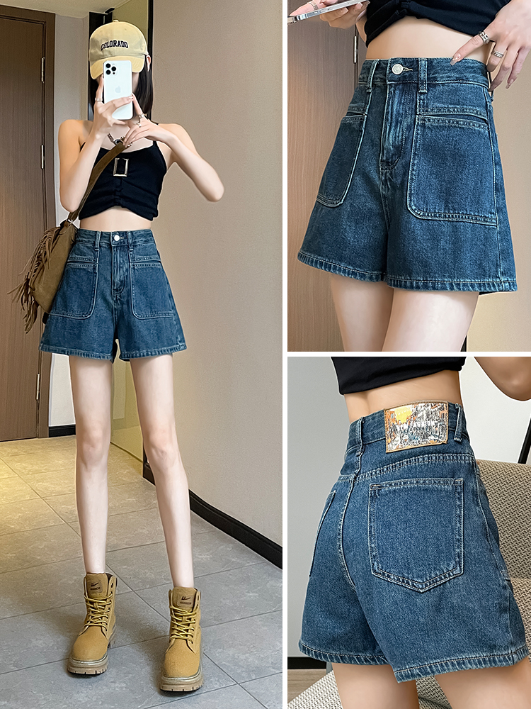 실사 핫걸 데님 반바지 여성 여름 얇은 스타일 하이웨이스트 슬림해 보이는 아메리칸 디자인 센스 한 마디 넓은 다리 뜨거운 바지