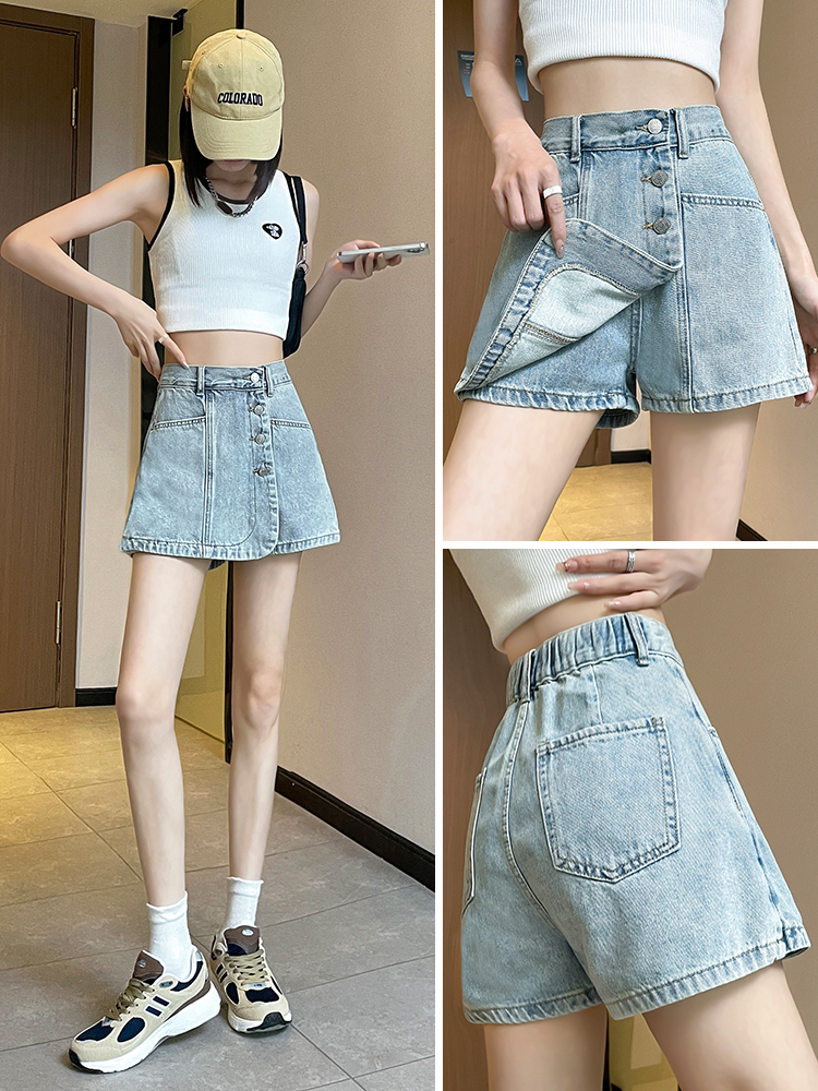 실사 핫걸 데님 짧은 바지 여성 여름 얇은 스타일 하이웨이스트 슬림해 보이는 디자인 센스 작은 키 한 마디 넓은 다리 핫 바지