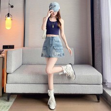 批发实拍<b class='q'>复古</b>工装风牛仔短裙女夏季新款流行高腰辣妹A字包臀半身裙女