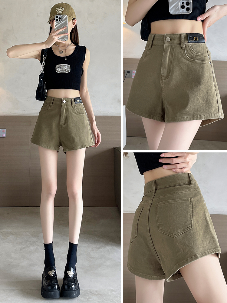 실사 카키 색 데님 반바지 여성 여름 얇은 스타일 하이웨이스트 슬림해 보이는 루즈핏 디자인 센스 핫걸 넓은 다리 뜨거운 바지