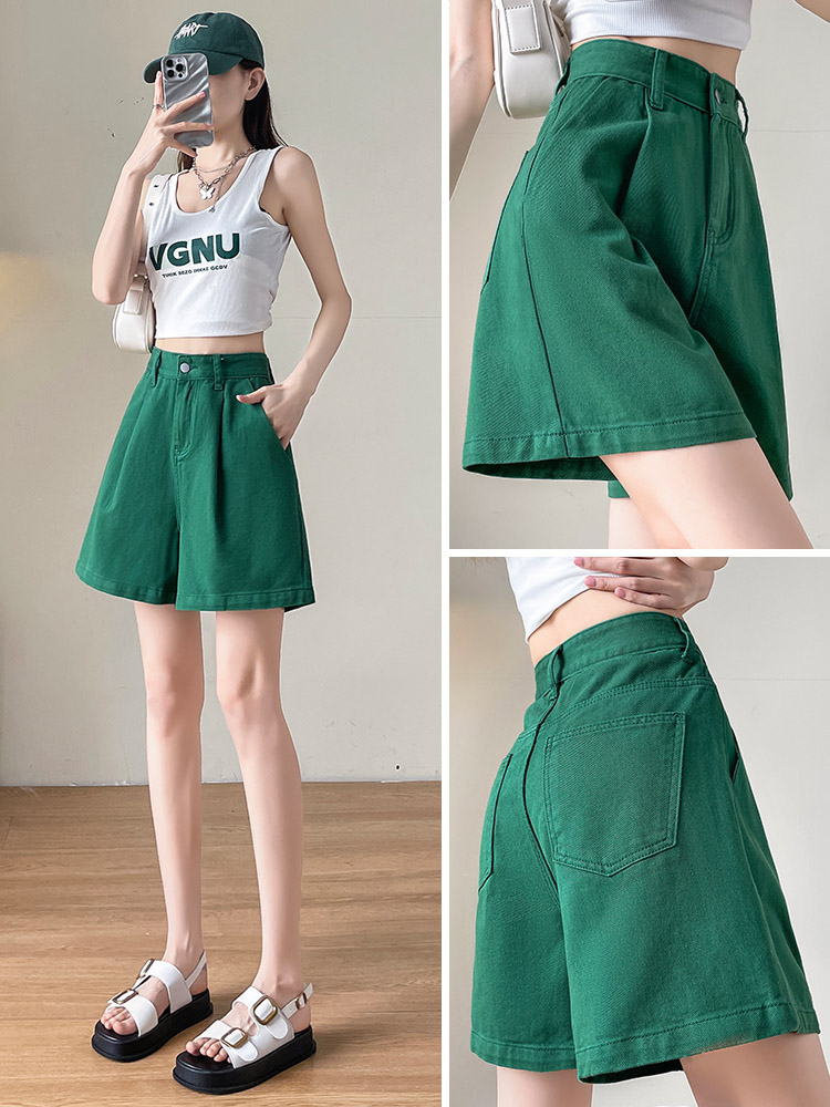 실사 녹색 데님 반바지 여성 여름 새로운 루즈핏 슬림해 보이는 세련된 작은 키 한 마디 루즈핏 와이드 레그 팬츠