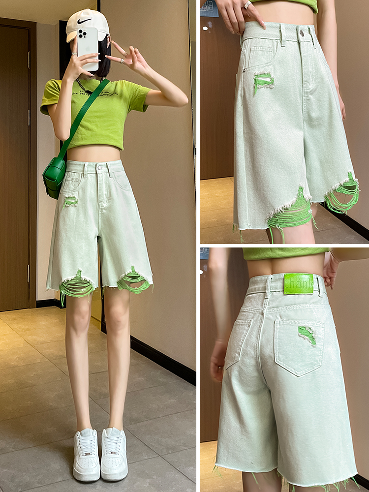 실사 밝은 녹색 찢어진 부분 5 점 데님 반바지 여성 여름 얇은 스타일 하이웨이스트 루즈핏 디자인 센스 5 점 중 바지