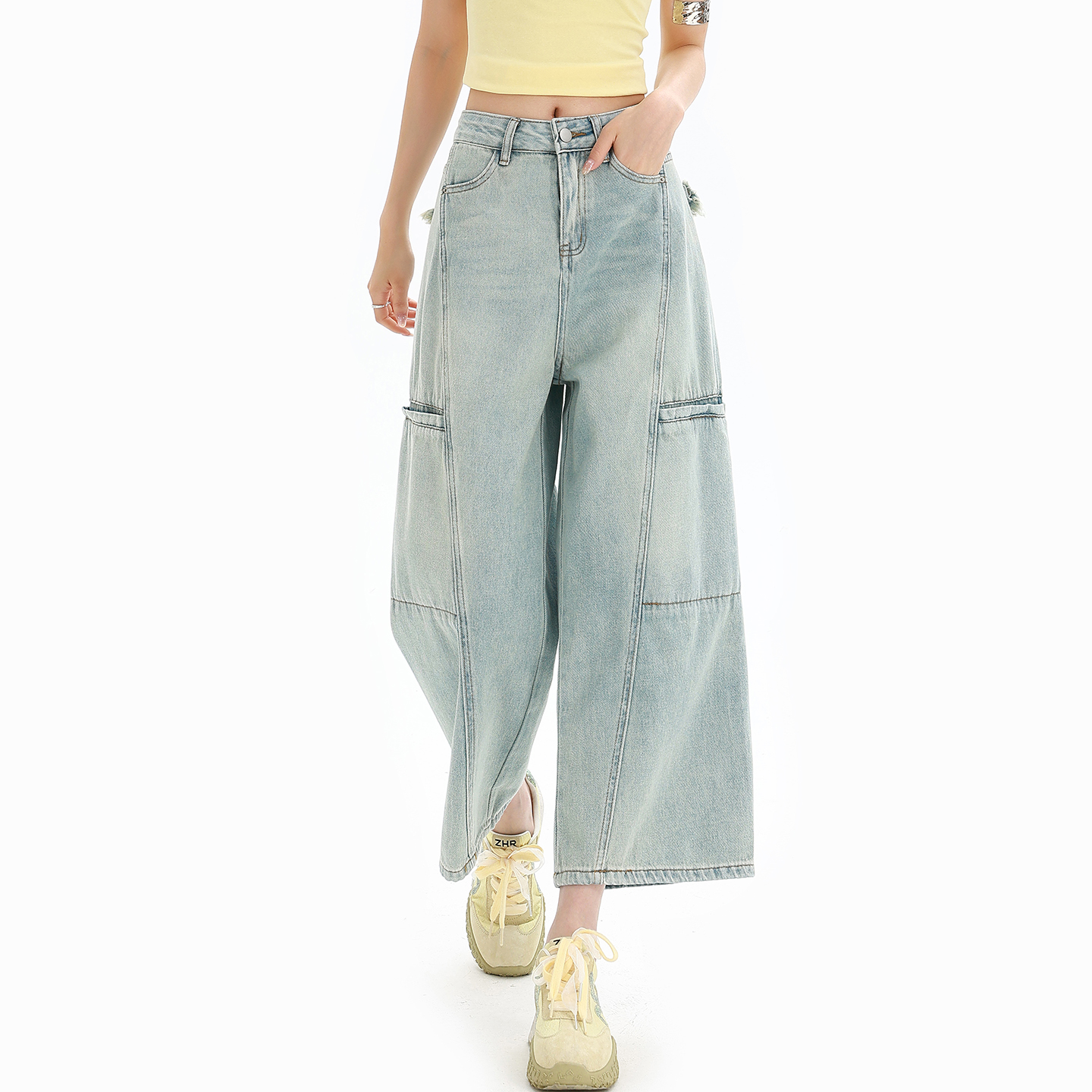 실사 하이웨이스트 하늘색 패치워크 넓은 다리 청바지 여성 여름 새로운 작은 키 워크웨어 바람 바지 슬림해 보이는 바지