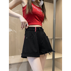 批发实拍黑灰色毛边牛仔短裤女<b class='q'>夏</b>季薄款高腰显瘦设计感小个子阔腿热裤