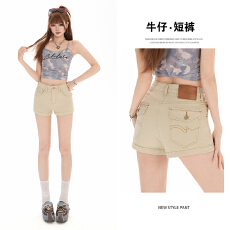 批发实拍浅卡其色辣妹风<b class='q'>高腰</b>牛仔短裤女2026夏季薄款显瘦弹力A字热裤