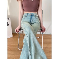 实拍浅色微喇牛仔裤女夏季薄款美式高腰修身显瘦小个子弹力喇叭裤