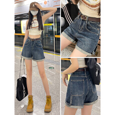 批发实拍复古高腰<b class='q'>牛仔</b><b class='q'>短裤</b>女夏季新款宽松<b class='q'>卷</b><b class='q'>边</b>显瘦小个子辣妹阔腿热裤