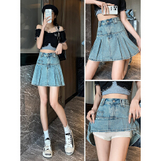 批发实拍辣妹牛仔半身裙女夏季薄款高腰显瘦设计感小个子a字百褶短裙