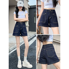 批发实拍深蓝色牛仔短<b class='q'>裤</b>女夏季薄款2026年新款高腰显瘦小个子阔腿热<b class='q'>裤</b>