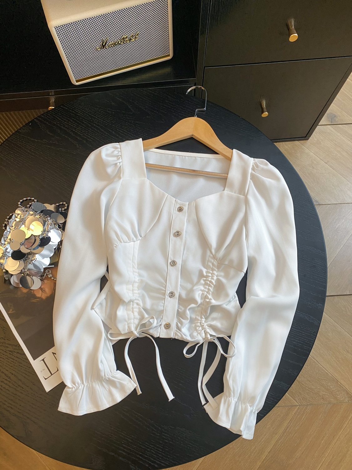 FA36535# 法式方领抽褶短款衬衫女春季设计感小众上衣长袖纯欲小衫 服裝批發女裝批發服飾貨源