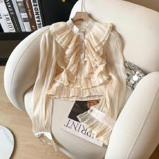 批发实拍 法式宫廷风<b class='q'>蕾丝</b>立领荷叶边喇叭袖衬衫韩版百搭别致娃娃上衣