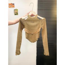 批发实拍 甜辣妹性感挂脖露肩针织打底衫内搭<b class='q'>修身</b>设计感短款长袖上衣