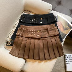 批发实拍 美拉德辣妹性感鹿皮绒<b class='q'>半身裙</b>秋冬ins甜酷百褶伞裙A字短裙裤