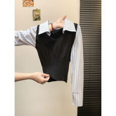 批发实拍 设计感假两件针织拼接竖条纹翻领长袖<b class='q'>衬衫</b>修身显瘦短款上衣