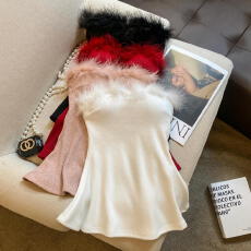 批发实拍 带胸垫甜辣性感毛毛拼接抹胸背心纯欲修身露背显瘦内搭上衣