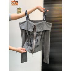 批发实拍 早秋别致辣妹一字肩拉链印花<b class='q'>长袖</b><b class='q'>打底衫</b>设计感小众修身上衣