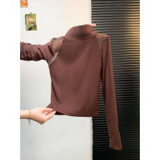 批发实拍 咖色半高领<b class='q'>打底衫</b>女内搭高级感网纱拼接磨毛<b class='q'>长袖</b>t恤外穿上衣