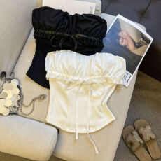 批发实拍 名媛网纱拼接设计感蝴蝶结抹胸无袖显瘦上衣