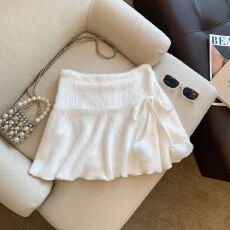 批发实拍 日系软妹纯欲荷叶边蝴蝶结毛球秋冬针织半身裙<b class='q'>甜美</b>a字短裙