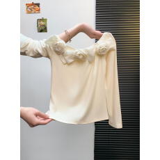 批发<b class='q'>实拍</b> 法式立体花朵一字肩小众长袖上衣纯欲高级感短款绝美<b class='q'>衬衣</b>潮