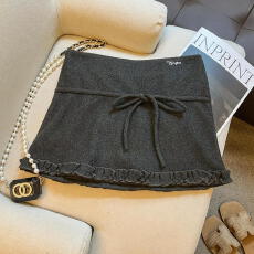 批发实拍 灰色毛呢半身裙复古蝴蝶结系带设计显瘦百搭花边包臀短裙