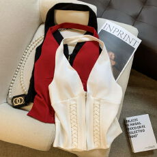 批发实拍 金智妮Jennie同款红色挂脖吊带背心女性感鱼骨绑带束腰上衣