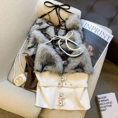 批发实拍 纯欲复古毛毛拼接系扣收腰无袖上衣辣妹修身显瘦抹胸皮背心