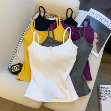 批发实拍 纽扣吊带磨毛内搭女带胸垫小背心外穿修身打底上衣