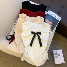 批发实拍 <b class='q'>甜美</b>风蝴蝶结背心女外穿褶皱v领无袖上衣