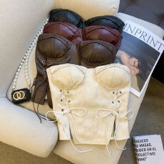 批发实拍 设计感两侧绑带收腰无袖抹胸背心女纯欲辣妹开叉PU皮上衣