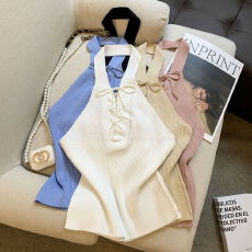 批发实拍 韩版<b class='q'>夏季</b>Y2k辣妹复古百搭胸前绑带挂脖针织短背心上衣