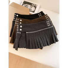 批发实拍 美式复古辣妹纽扣针织拼接高腰毛呢半身裙女百搭短款包臀裙