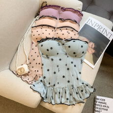 批发实拍 波点无袖抹胸背心女夏季修身裹胸内搭外穿辣妹性感收腰上衣