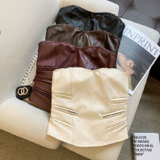 批发实拍 纯欲风小个子<b class='q'>复古</b>pu皮有胸垫抹胸背心秋冬